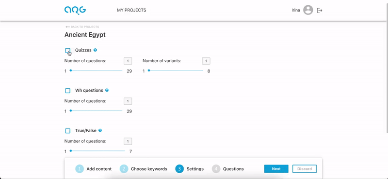 Step 3. Select type and number of questions 