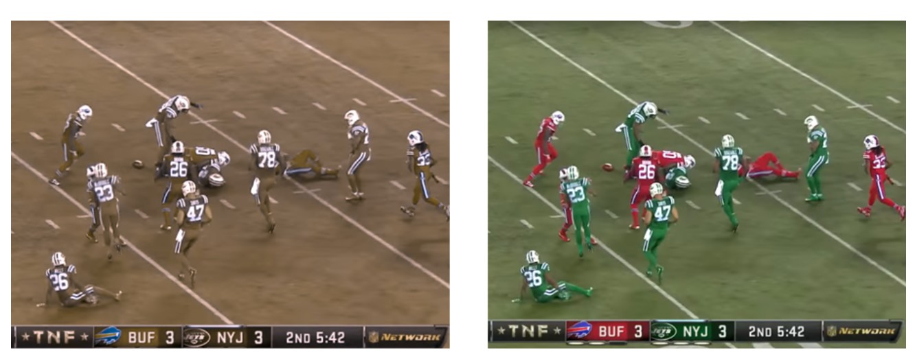 pictures of football game for a colour blind users and for a user with normal sight